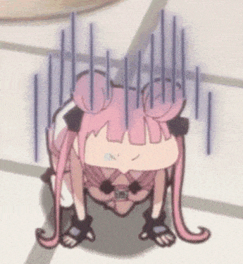 a cartoon girl with pink hair is kneeling down on the floor with her head on her knees .
