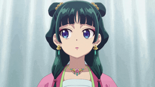 a girl with green hair and blue eyes is wearing a pink dress