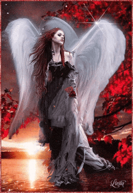 a painting of a woman with red hair and white wings is titled pretty