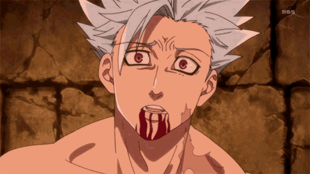 a close up of a man 's face with blood coming out of his mouth with mbs in the corner