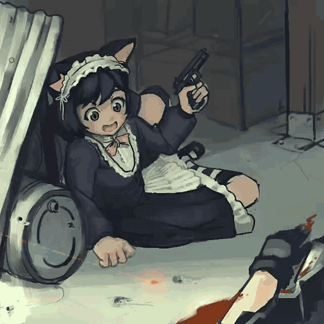 a drawing of a cat maid holding a gun next to a barrel