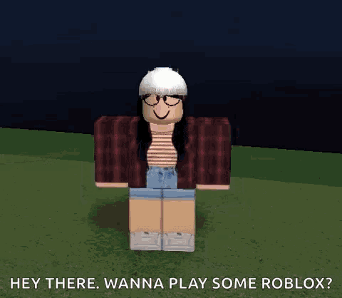 a girl in a plaid shirt and shorts says hey there wanna play some roblox ..