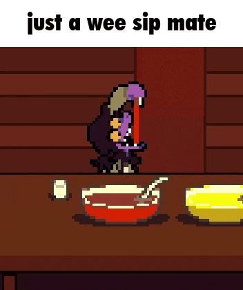 a pixel art of a monster sitting at a table next to a bowl of soup