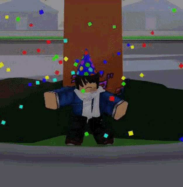a cartoon character wearing a party hat and scarf is standing in front of a tree .