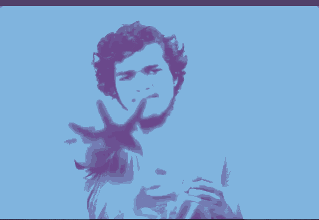 a blue and purple drawing of a man with his hand up