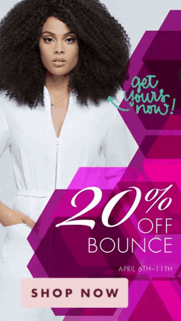 an advertisement for 20 % off bounce shows a woman