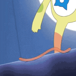 a cartoon character with a long tail is walking on a blue surface