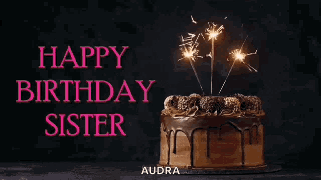 a happy birthday sister greeting card with a chocolate cake and sparklers .