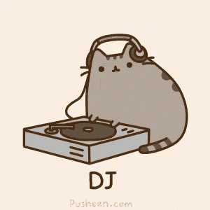 a cat wearing headphones is playing a record on a turntable called dj