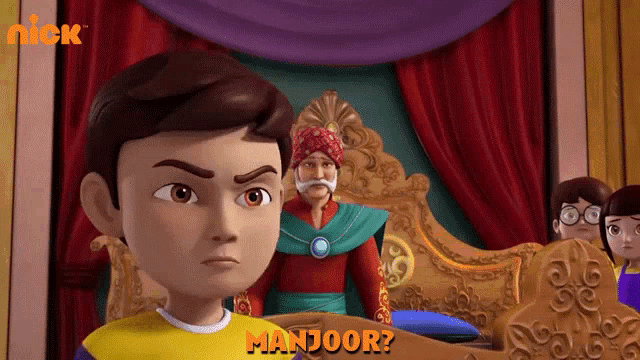 a boy in a yellow shirt is standing in front of a man with a mustache and the word mandoor on the bottom right