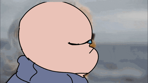 a cartoon of a bald man wearing glasses and a blue jacket