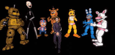 a group of five nights at freddy 's toys are standing next to each other on a black background