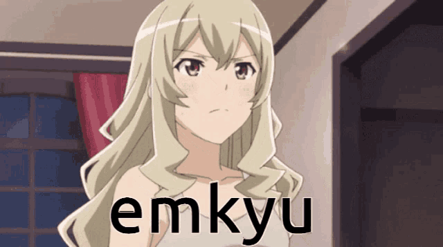 a picture of a girl with the word emkyu written in black