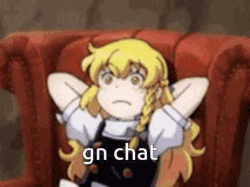 a cartoon girl is sitting on a red couch with her hands behind her head and says gn chat .