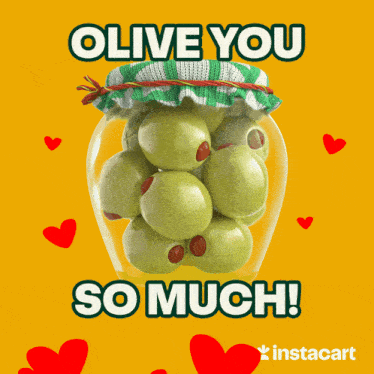 a jar of olives with hearts around it and the words " olive you so much "