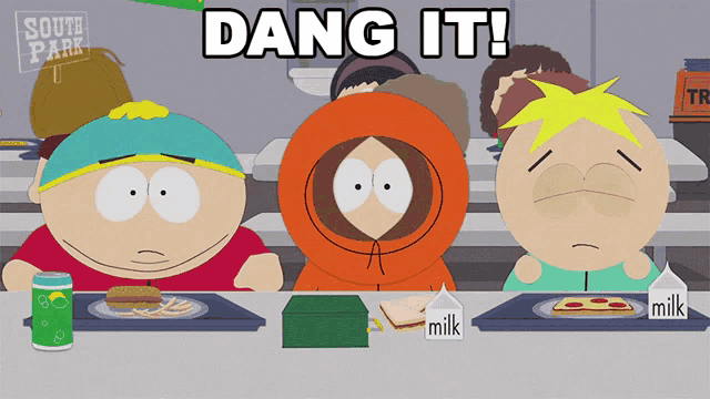 three south park characters are sitting at a table eating food