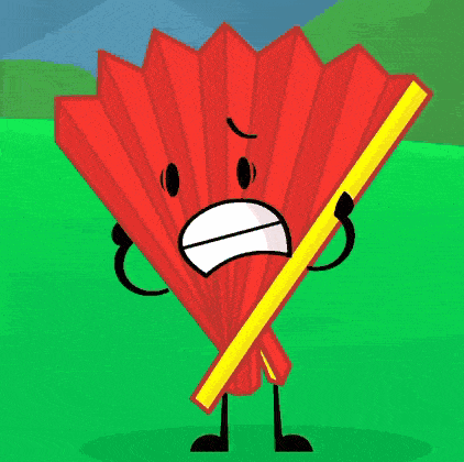 a cartoon drawing of a red fan with arms and legs holding a yellow stick .