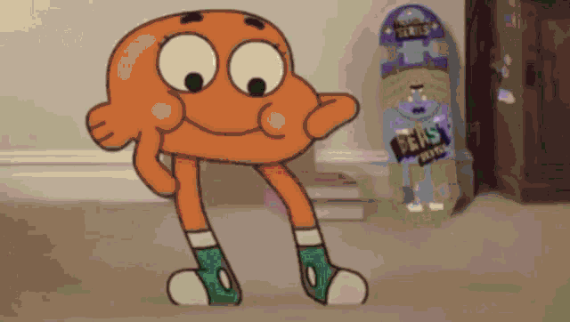 a cartoon character from the amazing world of gumball is dancing in front of a skateboard