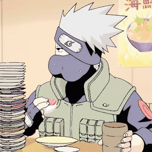 a cartoon character is sitting at a table with a stack of plates