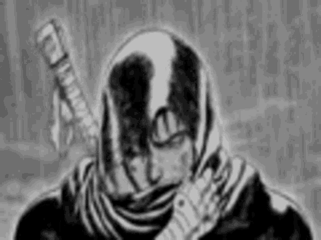 a black and white drawing of a ninja holding a sword .