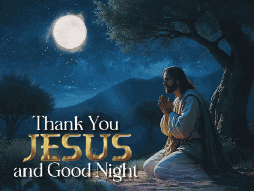 a thank you jesus and good night poster with jesus praying under a tree