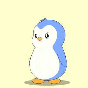 a blue and white penguin is standing in front of the words oh