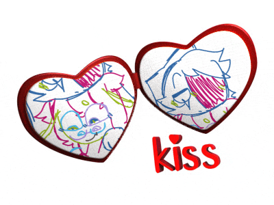 a drawing of two hearts and the word kiss