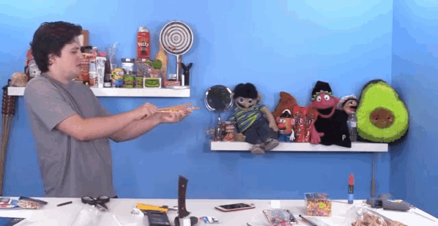 a man is playing with a toy in front of a shelf with stuffed animals including a stuffed avocado