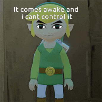 a cartoon character with the words " it comes awake and i cant control it " above him