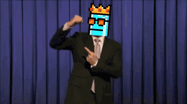 a man in a suit and tie is pointing at a pixelated face with the words wagbur below him
