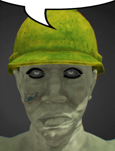 a man wearing a green helmet with a speech bubble above his head