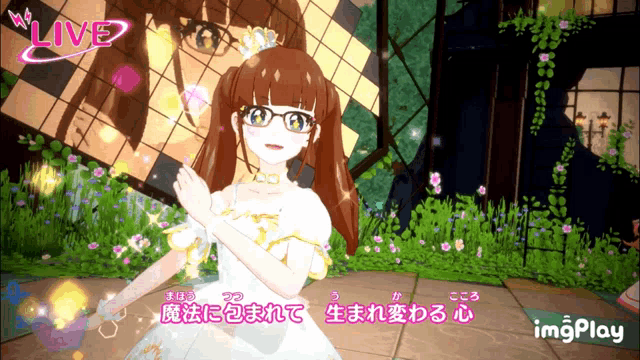 a girl in a white dress with a crown on her head is standing in front of a live sign
