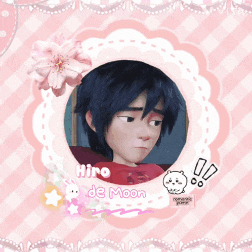 a picture of hiro de moon in a pink and white frame