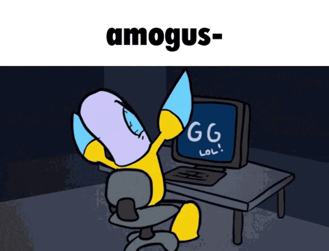 a cartoon character is sitting in front of a computer screen that says gg lol on it