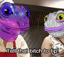 a cartoon of two lizards with the words tell that bitch to tip on the bottom