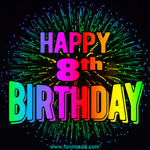a happy 8th birthday greeting card with fireworks behind it
