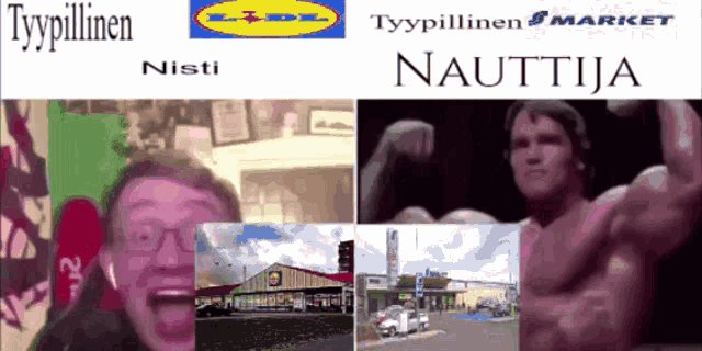 a collage of images including a man flexing his muscles and a sign that says ' nautija '