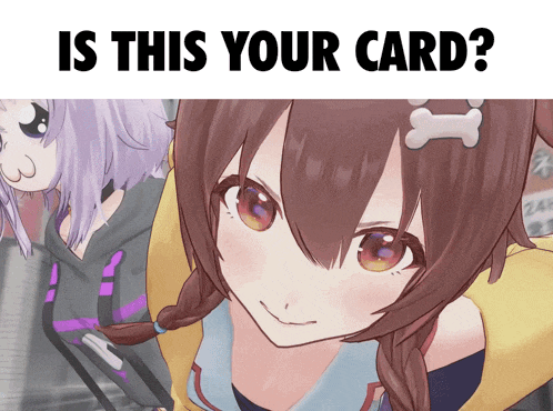 a picture of a girl with a dog bone on her head and the words is this your card