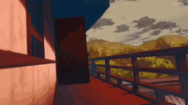 a painting of a balcony with a fence and mountains in the background