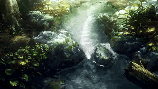 a painting of a waterfall surrounded by trees and rocks