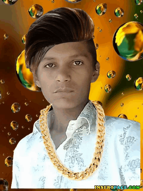 a picture of a boy with a gold chain around his neck and the words insertface.com on the bottom