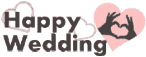 a happy wedding logo with two hands making a heart shape