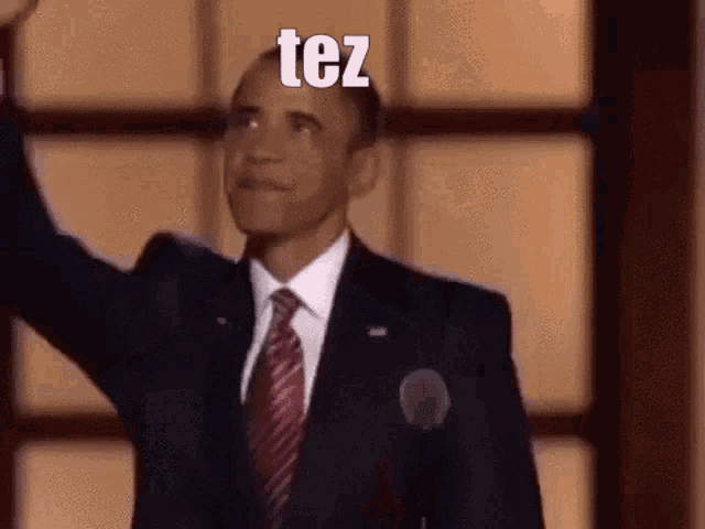 a man in a suit and tie is giving a speech and the words tez are above him .