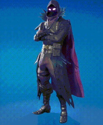 a video game character with a hood and purple eyes is dancing with a ball .