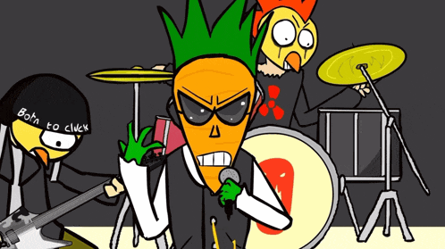 a cartoon of a carrot holding a microphone with the words born to click on his head