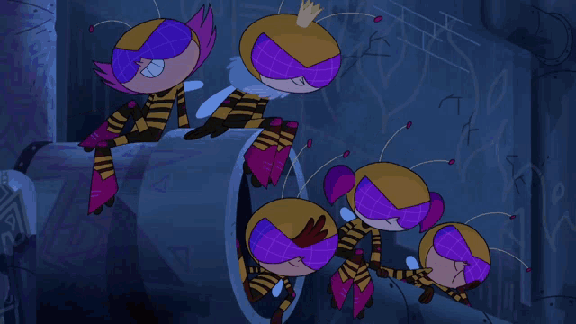a group of bees with purple masks and a crown on their head