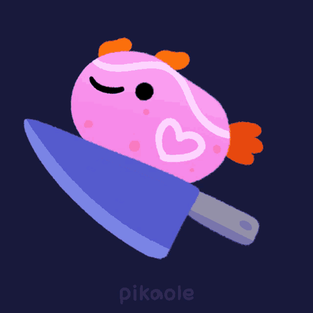 a pink fish with a heart on it is holding a knife in its mouth