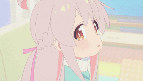 a girl with purple hair has a ring on her head that says ' o '