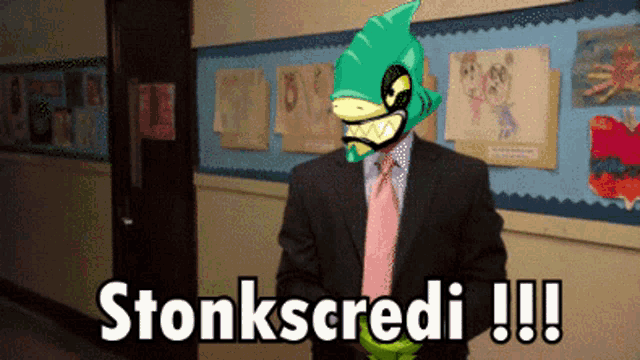 a man in a suit and tie is standing in a hallway with the words " stonkscredit " written on the bottom