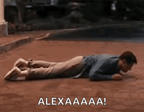 a man is laying on his stomach on a brick sidewalk with the words alexaaa written above him .